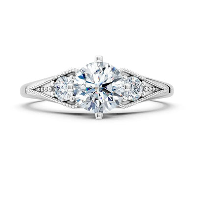 Vintage Three-Stone Round Diamond Milgrain Engagement Ring - Round