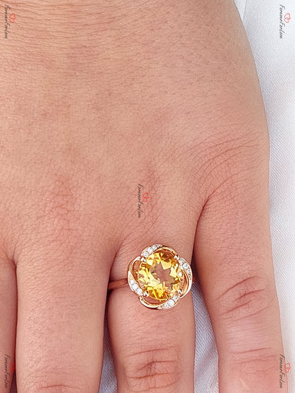 Round Natural Diamond, Citrine Ring