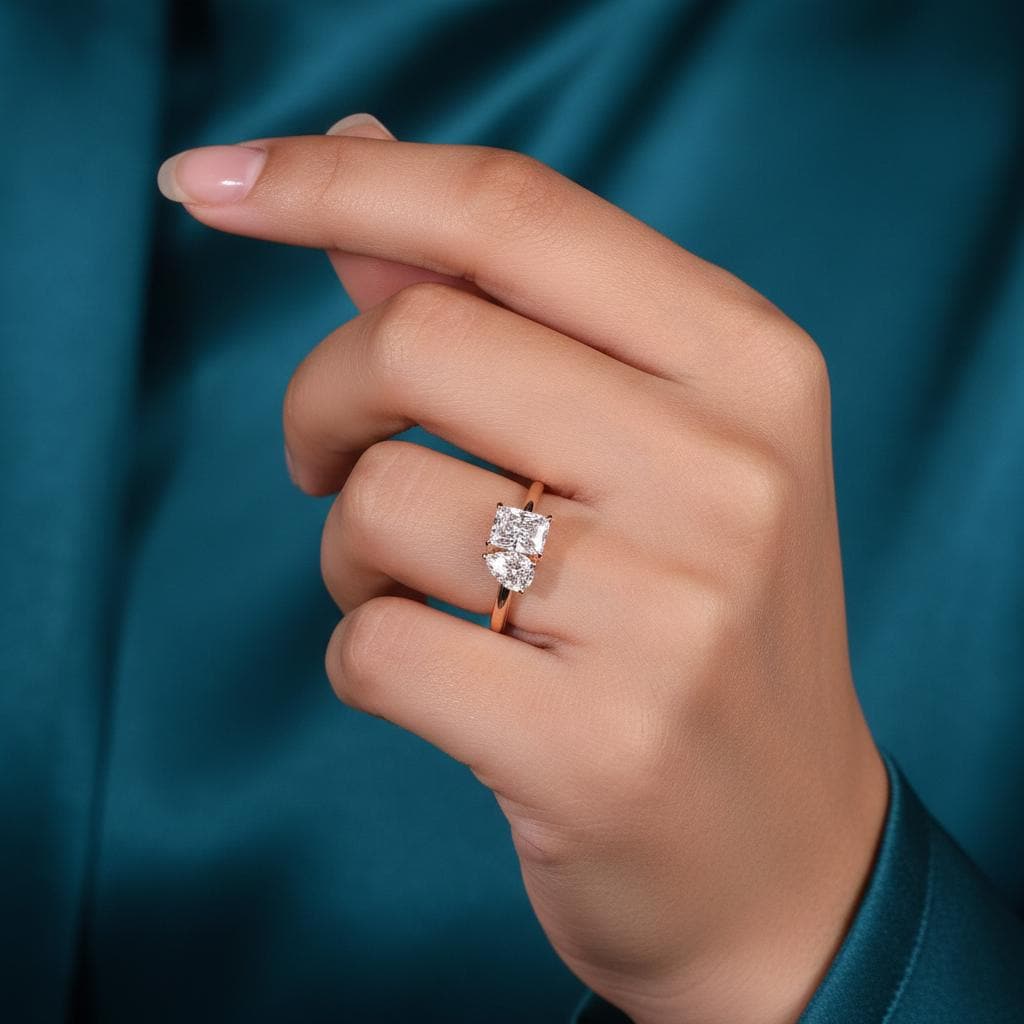 Toi Et Moi Engagement Ring Radiant and Pear Brilliant Diamond Proposal Ring Lab Grown Diamond Radiant cut Moissanite engagement ring in Gold or Platinum — custom handcrafted by Forever For Love