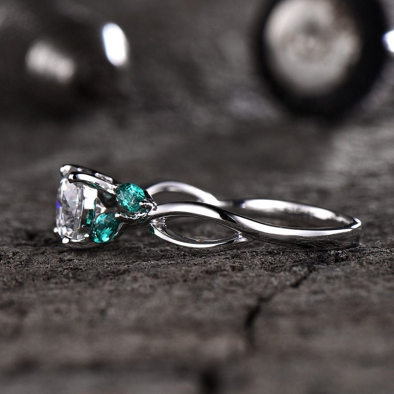 1 Ct Round Natural Diamond Engagement Ring with Emerald Accents Round cut 1Ct Moissanite Brilliant Cut engagement ring in 935 Argentium Silver — custom handcrafted by Forever For Love