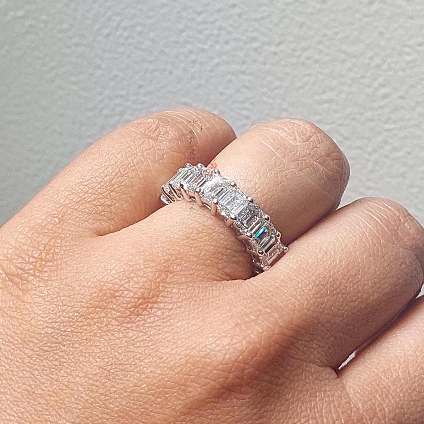 0.4 Ct Emerald Cut Lab Diamond Full Eternity Band Emerald cut Moissanite Brilliant Cut engagement ring in 935 Argentium Silver — custom handcrafted by Forever For Love