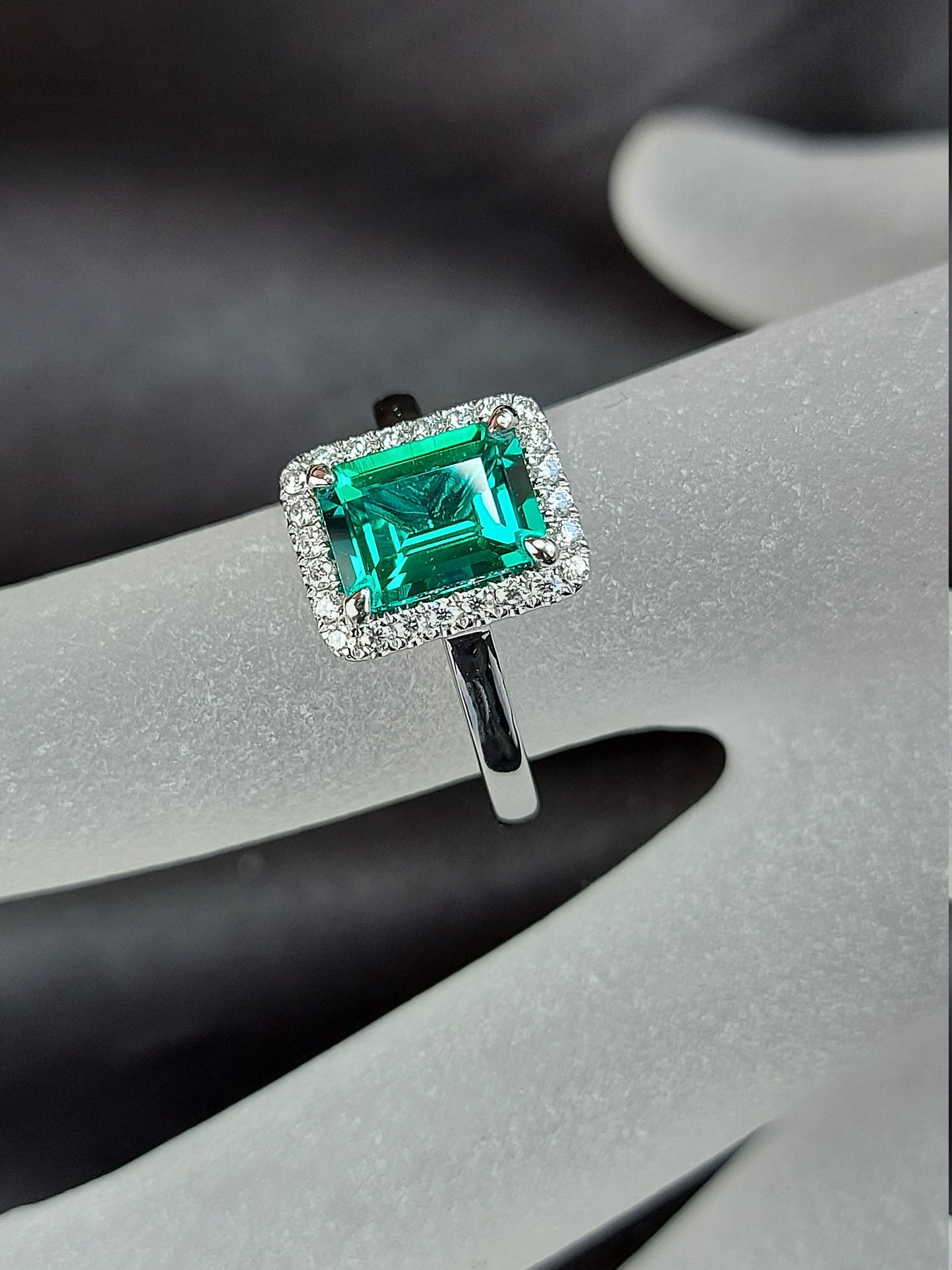 1.5 Ct Emerald with Emerald Halo Engagement Ring Emerald Cut cut 1Ct Natural Emerald engagement ring in 935 Argentium Silver — custom handcrafted by Forever For Love
