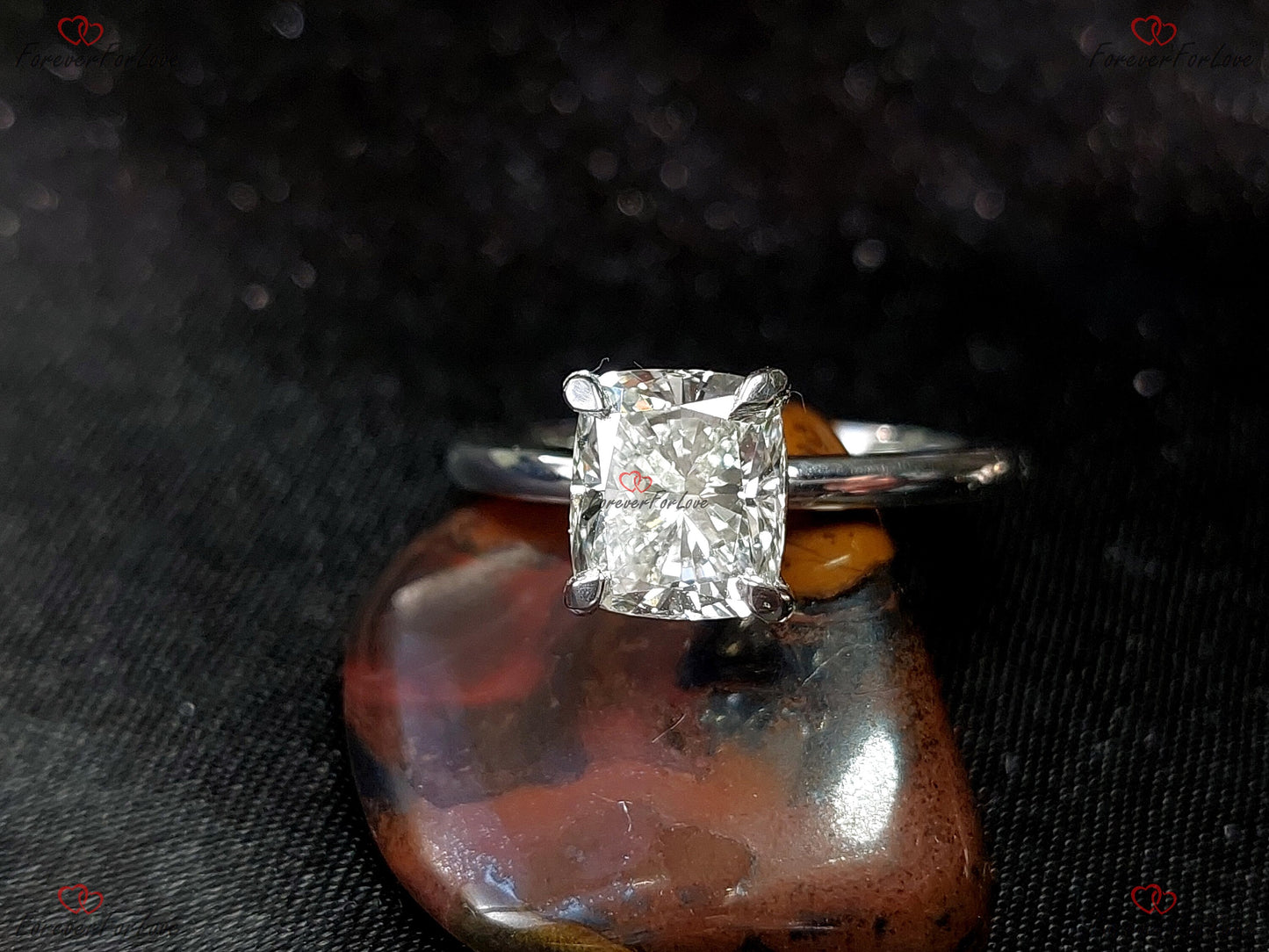 2 Ct IGI Certified Cushion Lab Diamond Hidden Halo Engagement Ring Cushion cut 1Ct Moissanite Brilliant Cut engagement ring in 935 Argentium Silver — custom handcrafted by Forever For Love