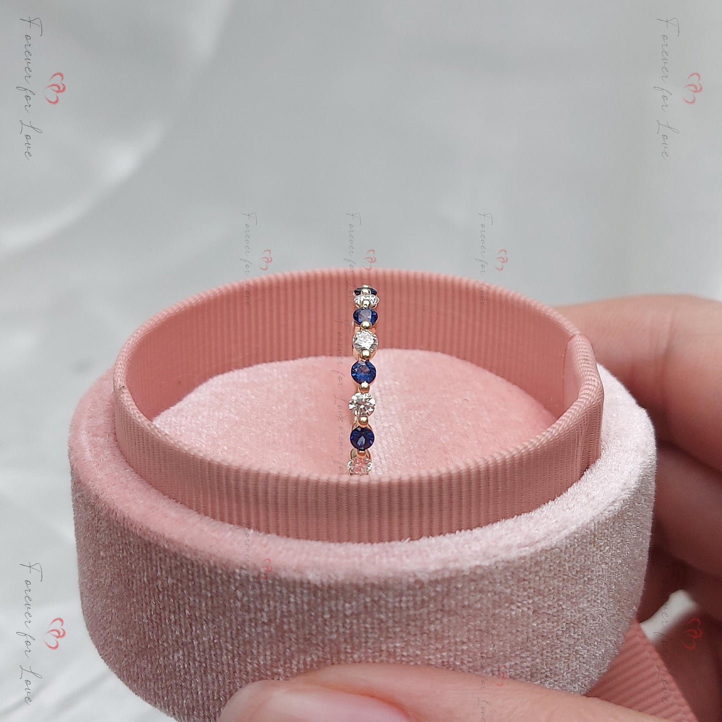 Round Diamond & Sapphire Eternity Band Round cut Natural Sapphire engagement ring in 935 Argentium Silver — custom handcrafted by Forever For Love