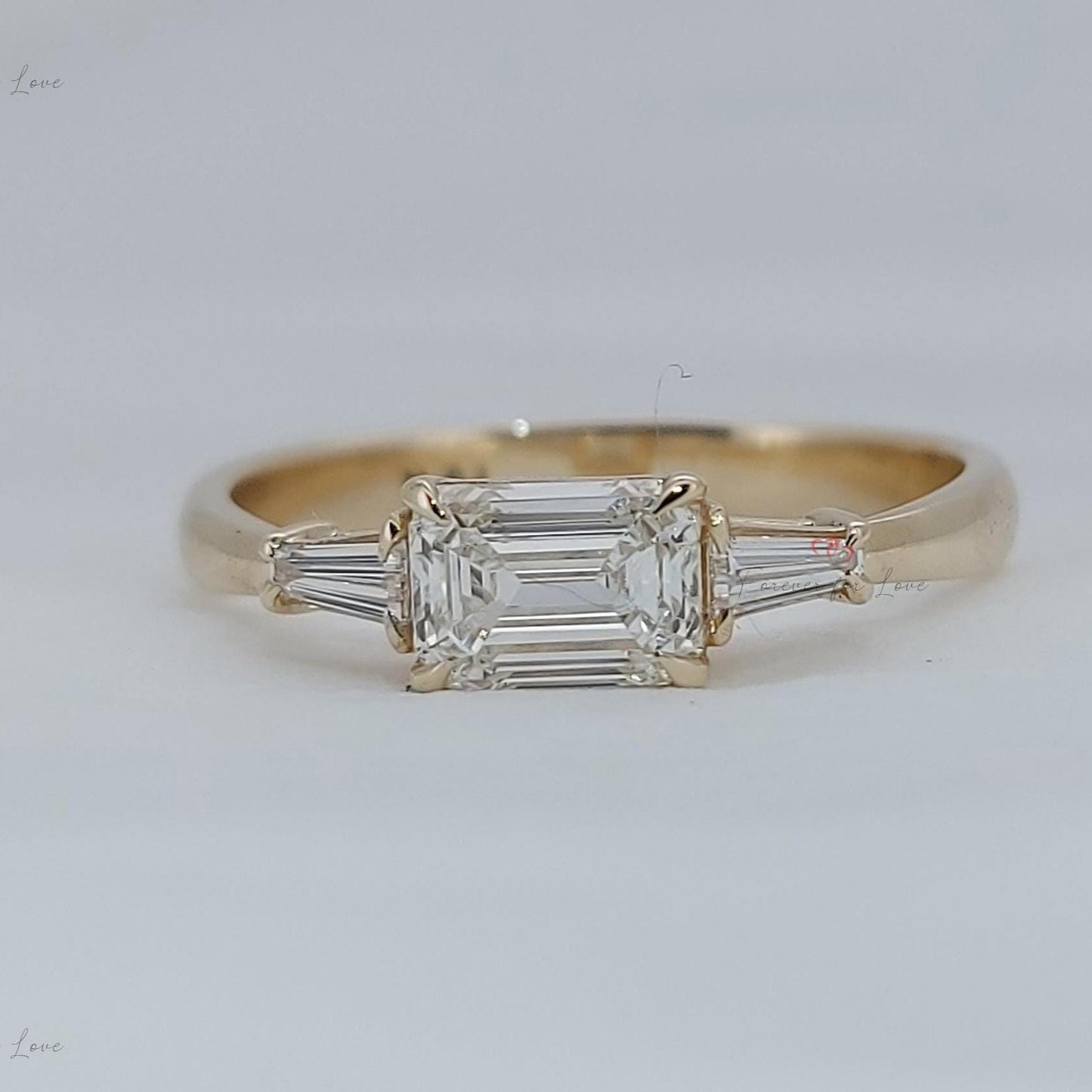Emerald Diamond Three Stone Engagement Ring Emerald cut Moissanite engagement ring in Gold or Platinum — custom handcrafted by Forever For Love