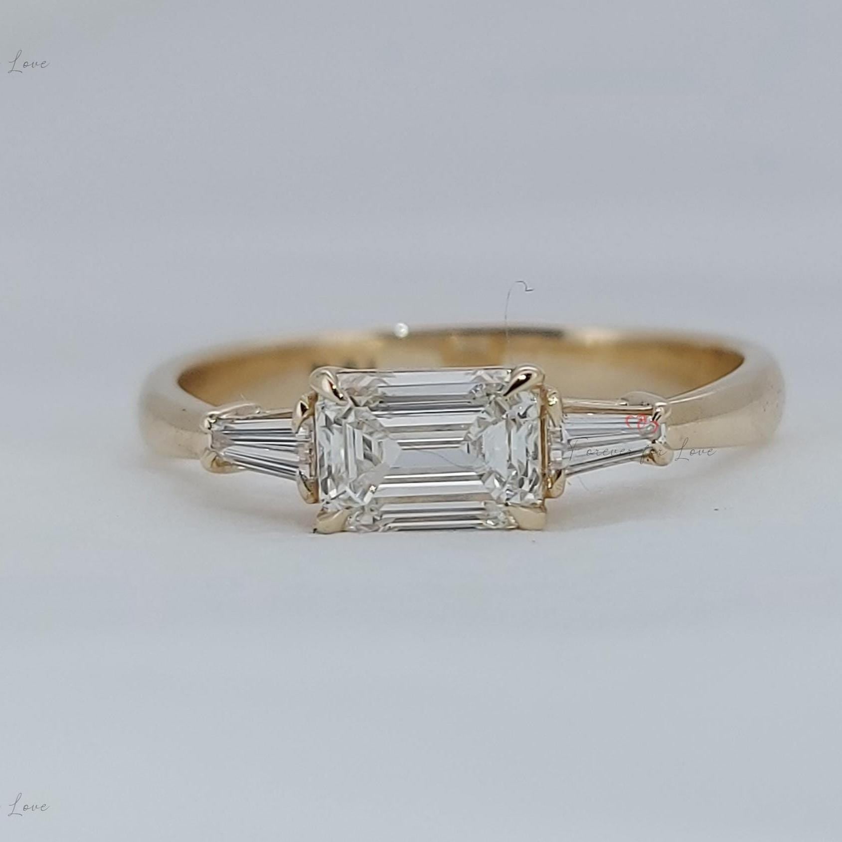 Emerald Diamond Three Stone Engagement Ring