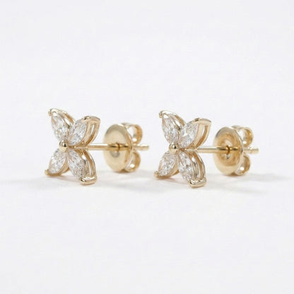 14K Gold Marquise-geschliffene Blumen-Diamantohrringe, Labordiamantstecker, im Labor gezüchteter Diamant, Ohrstecker aus massivem Gold, Blumenohrringe, perfektes Geschenk