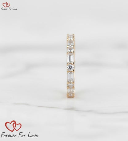 Baguette and Round Diamond Alternating Band, Minimalist Full Eternity Band, Diamond Wedding Band, Stackable Band, Promise Ring, Gift for Her