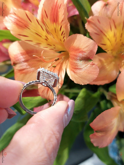 Emerald Cut Double Halo Moissanite Engagement Ring, 4 ct Ring,Pave Diamond Ring, Modern Engagement Anniversary Promise Ring.