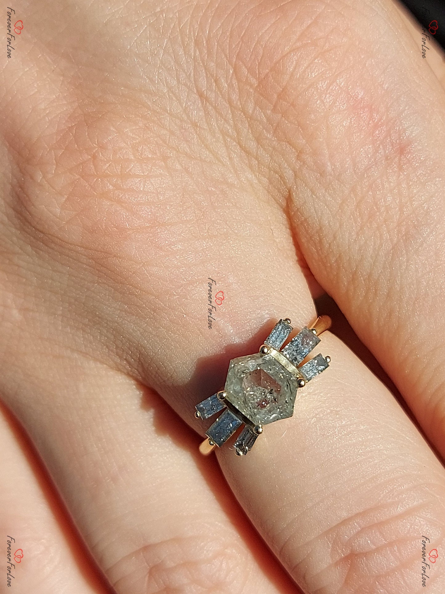 1.5 Ct Hexagon Diamond Engagement Ring Hexagon cut 1Ct Moissanite Brilliant Cut engagement ring in 935 Argentium Silver — custom handcrafted by Forever For Love