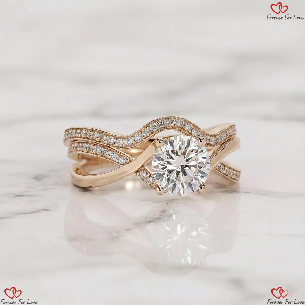 Round Lab Diamond Solitaire Bridal Set Round cut Moissanite Brilliant Cut engagement ring in 935 Argentium Silver — custom handcrafted by Forever For Love