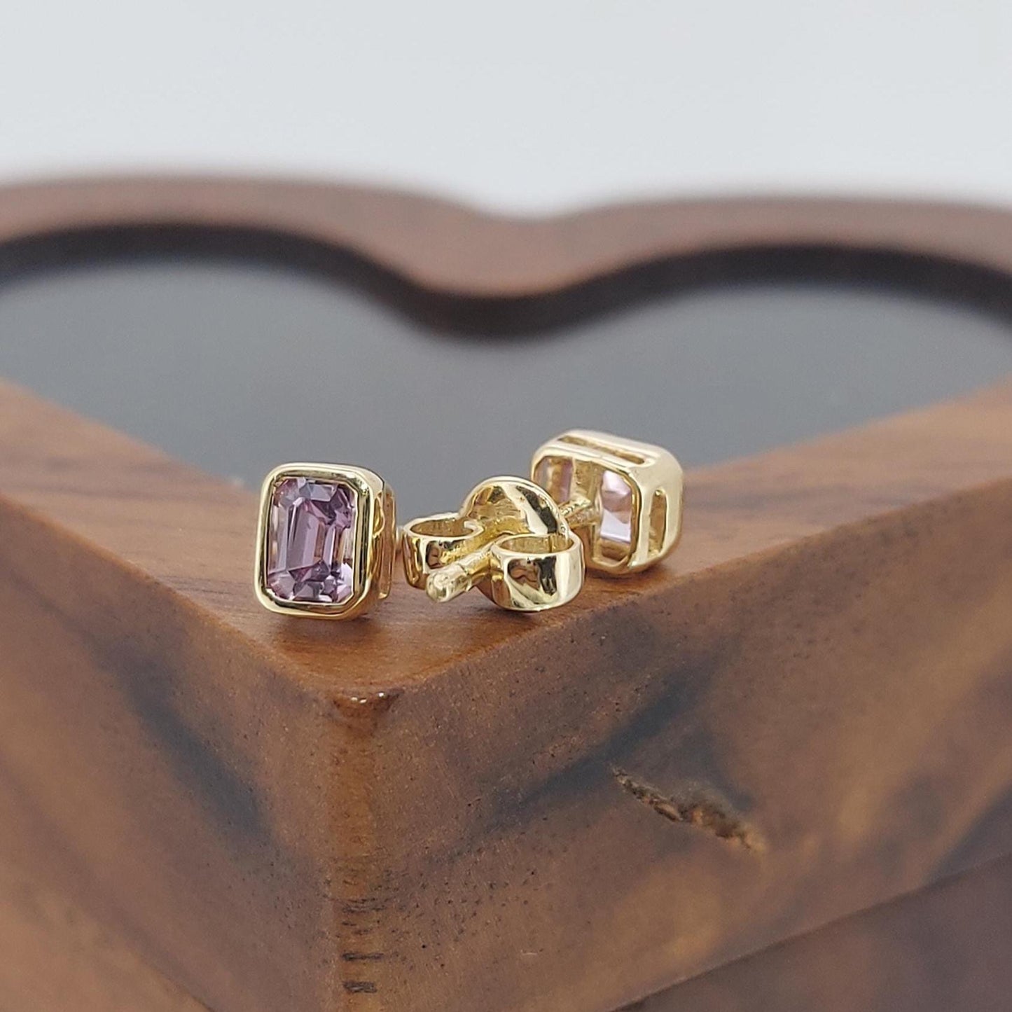 14k Natural Pink Sapphire Emerald Cut Stud Earrings, 0.5ct Bezel Setting, Stud Earring, Perfect Gift for Her. Moissanite engagement ring in Gold or Platinum — custom handcrafted by Forever For Love