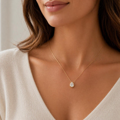1ct Pear Shape Lab Diamond Necklace, Bezel setting Diamond Necklace, Solid Gold Jewelry, Lab Grown Diamond, Classic Pendant, Gift for Her