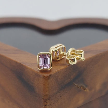 14k Natural Pink Sapphire Emerald Cut Stud Earrings, 0.5ct Bezel Setting, Stud Earring, Perfect Gift for Her.