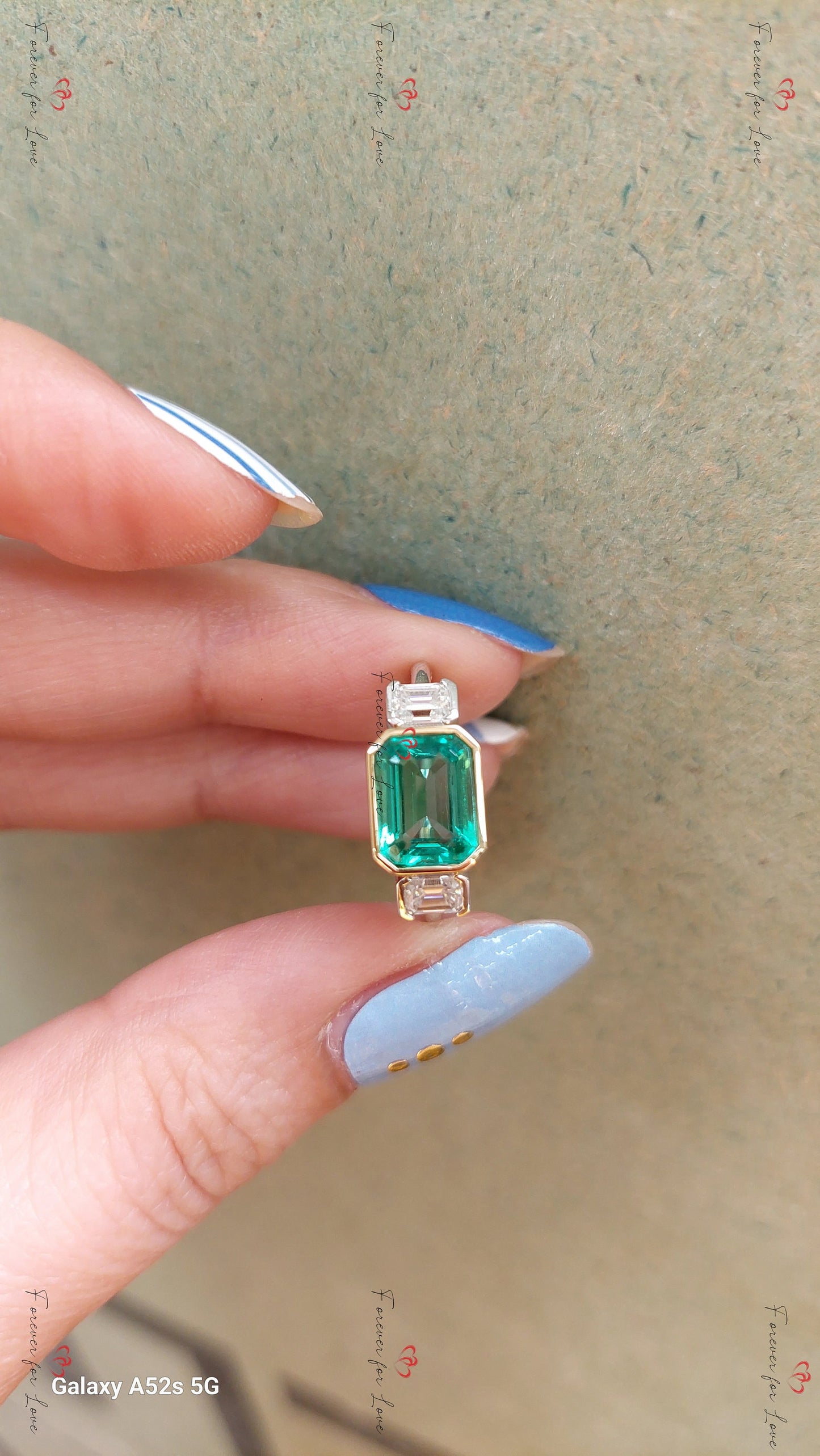 Baguette Diamond, Emerald Three Stone Ring Baguette cut Moissanite engagement ring in Gold or Platinum — custom handcrafted by Forever For Love