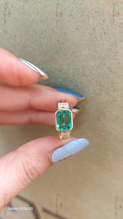 Baguette Diamond, Emerald Three Stone Ring