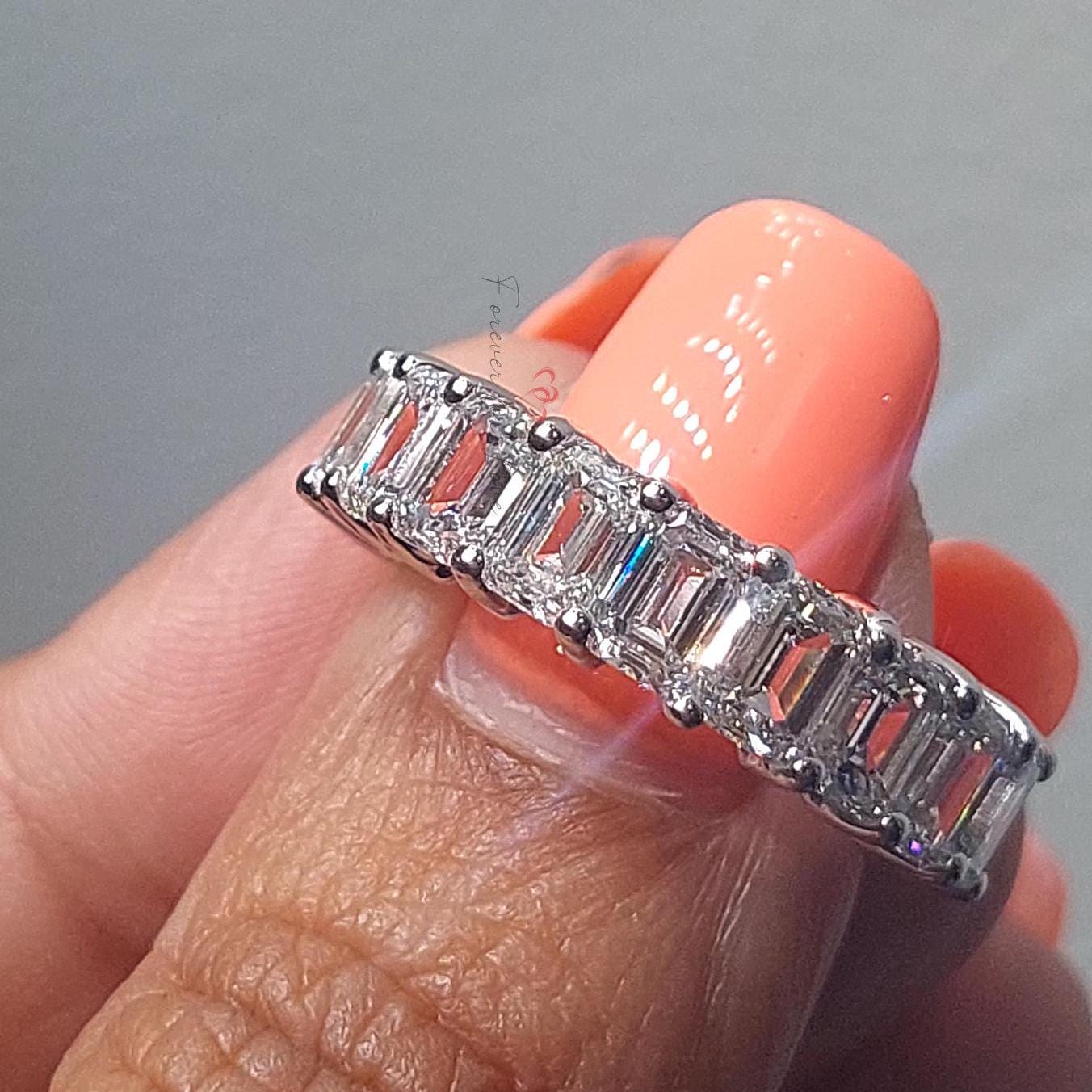0.4 Ct Emerald Cut Lab Diamond Full Eternity Band Emerald cut Moissanite Brilliant Cut engagement ring in 935 Argentium Silver — custom handcrafted by Forever For Love