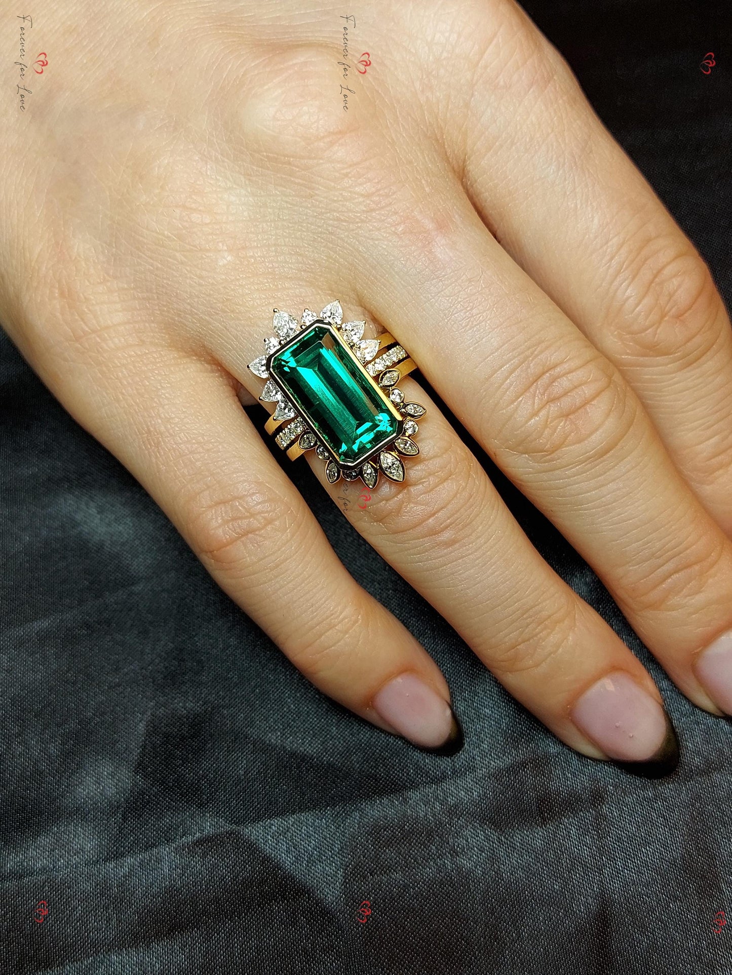 Marquise Diamond, Emerald Wedding Band Marquise cut Natural Emerald engagement ring in 935 Argentium Silver — custom handcrafted by Forever For Love