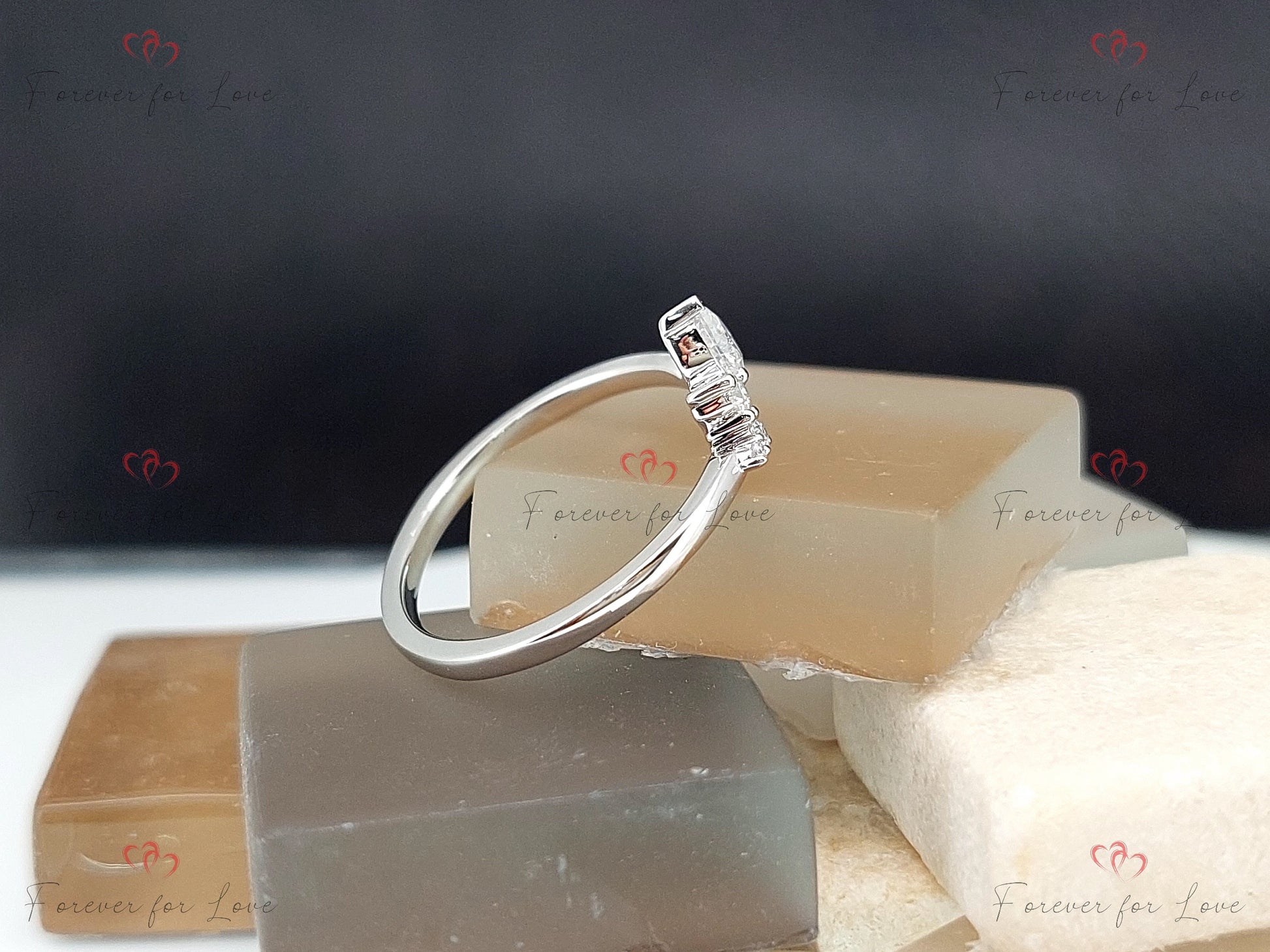 Curved wedding band, women vintage Moissanite Pear cut Diamond wedding band, Solid 14K yellow gold Bridal Stacking Anniversary ring.