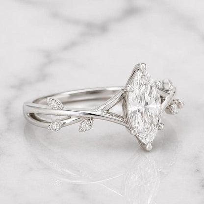 Nature inspired Marquise Diamond Engagement Ring Lab Grown Diamond With Round side stones Six Claw Prong Setting Ring Gift