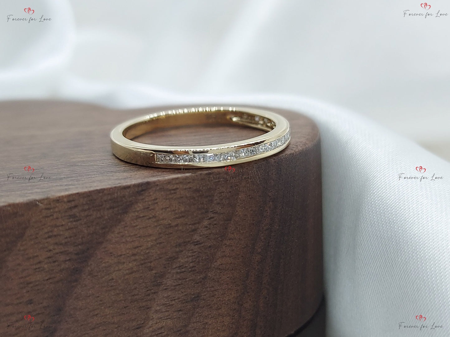 Princess Cut Diamond Half Eternity Ring 1.8mm 18k 14k natural Wedding Band Channel Setting. Yellow Rose White Gold Platinum certified. Princess cut Moissanite Brilliant Cut engagement ring in 935 Argentium Silver — custom handcrafted by Forever For Love