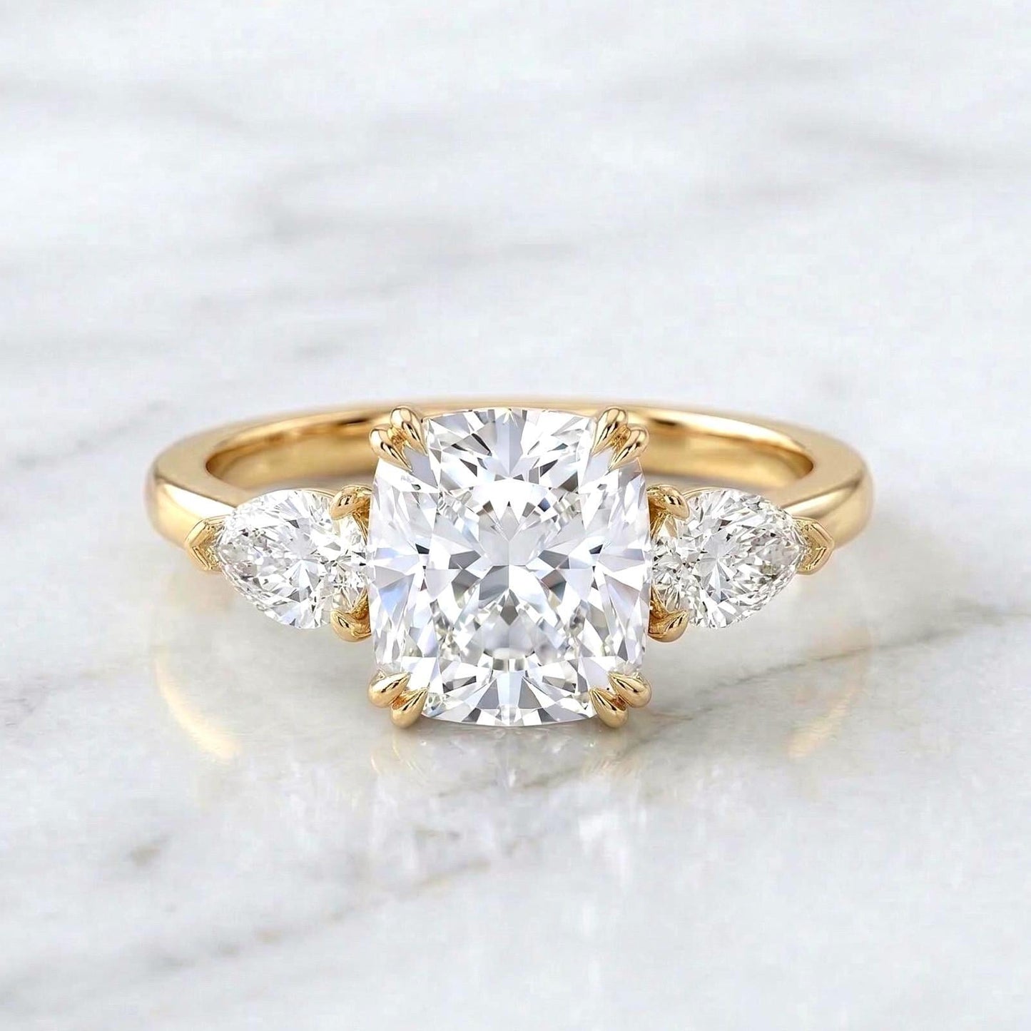 Cushion Lab Diamond Three Stone Engagement Ring Cushion cut Moissanite engagement ring in Gold or Platinum — custom handcrafted by Forever For Love