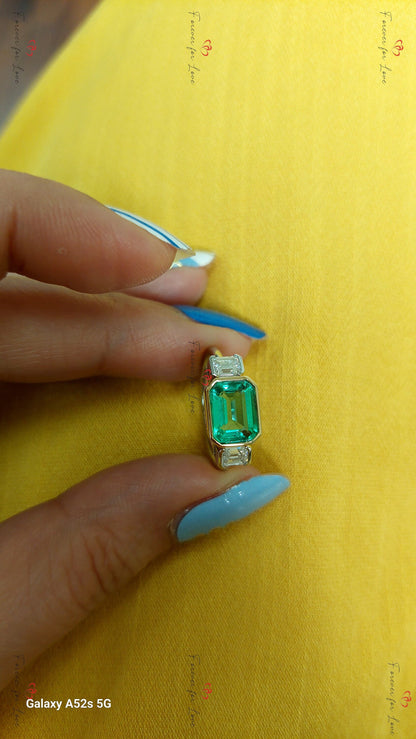 Baguette Diamond, Emerald Three Stone Ring