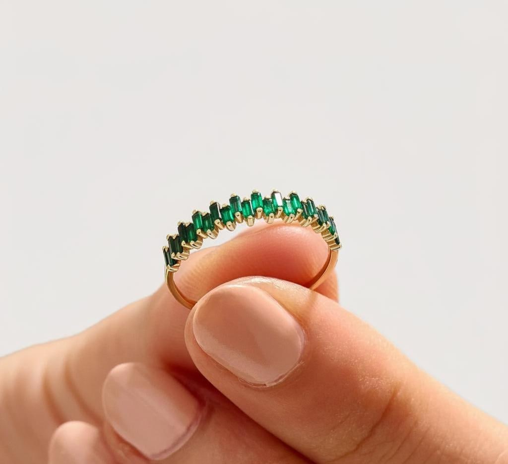Baguette Green Emerald Half Eternity Band