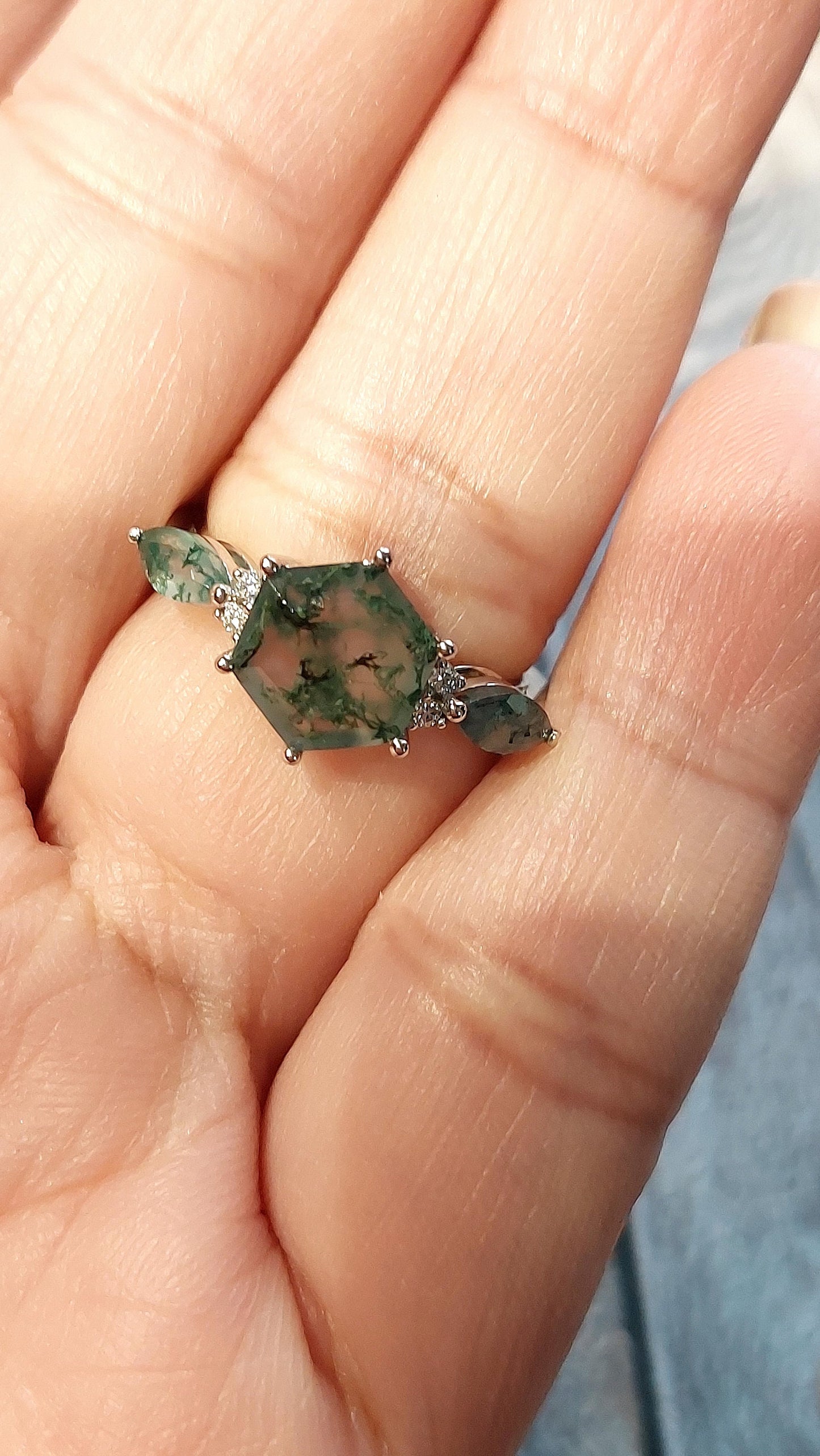 2 Ct Hexagon Moss Agate Three Stone Engagement Ring Hexagon cut Moissanite engagement ring in Gold or Platinum — custom handcrafted by Forever For Love