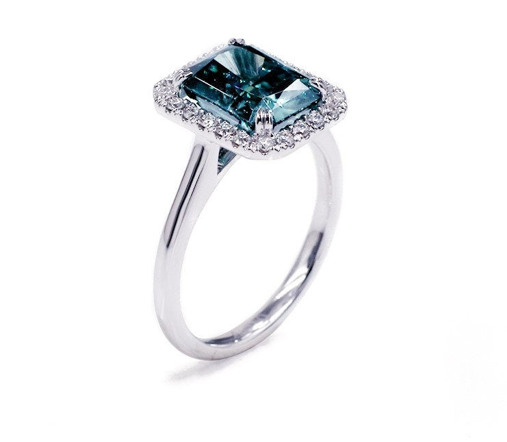 3 Ct Radiant Green Moissanite Halo Engagement Ring Radiant cut 1Ct Moissanite Brilliant Cut engagement ring in 935 Argentium Silver — custom handcrafted by Forever For Love
