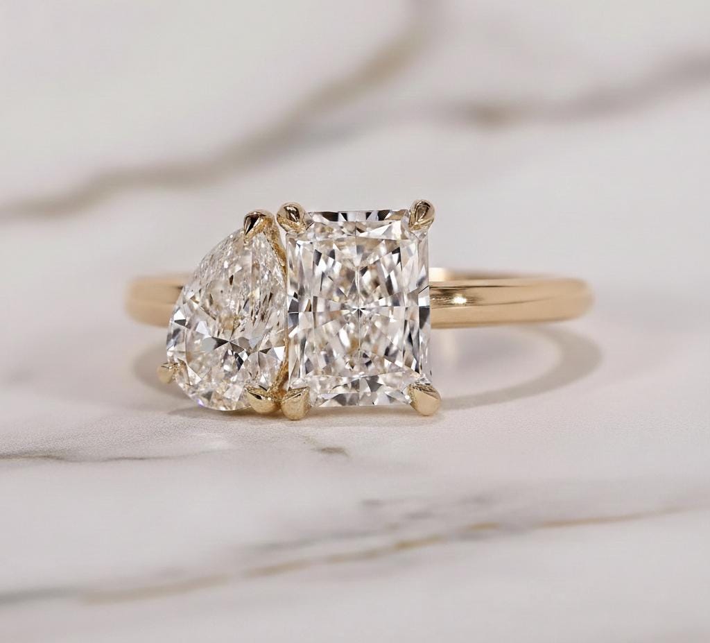 Toi Et Moi Engagement Ring Radiant and Pear Brilliant Diamond Proposal Ring Lab Grown Diamond