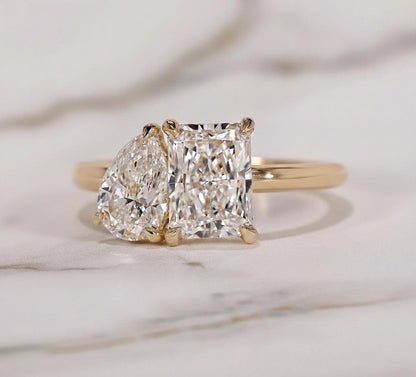 Toi Et Moi Engagement Ring Radiant and Pear Brilliant Diamond Proposal Ring Lab Grown Diamond