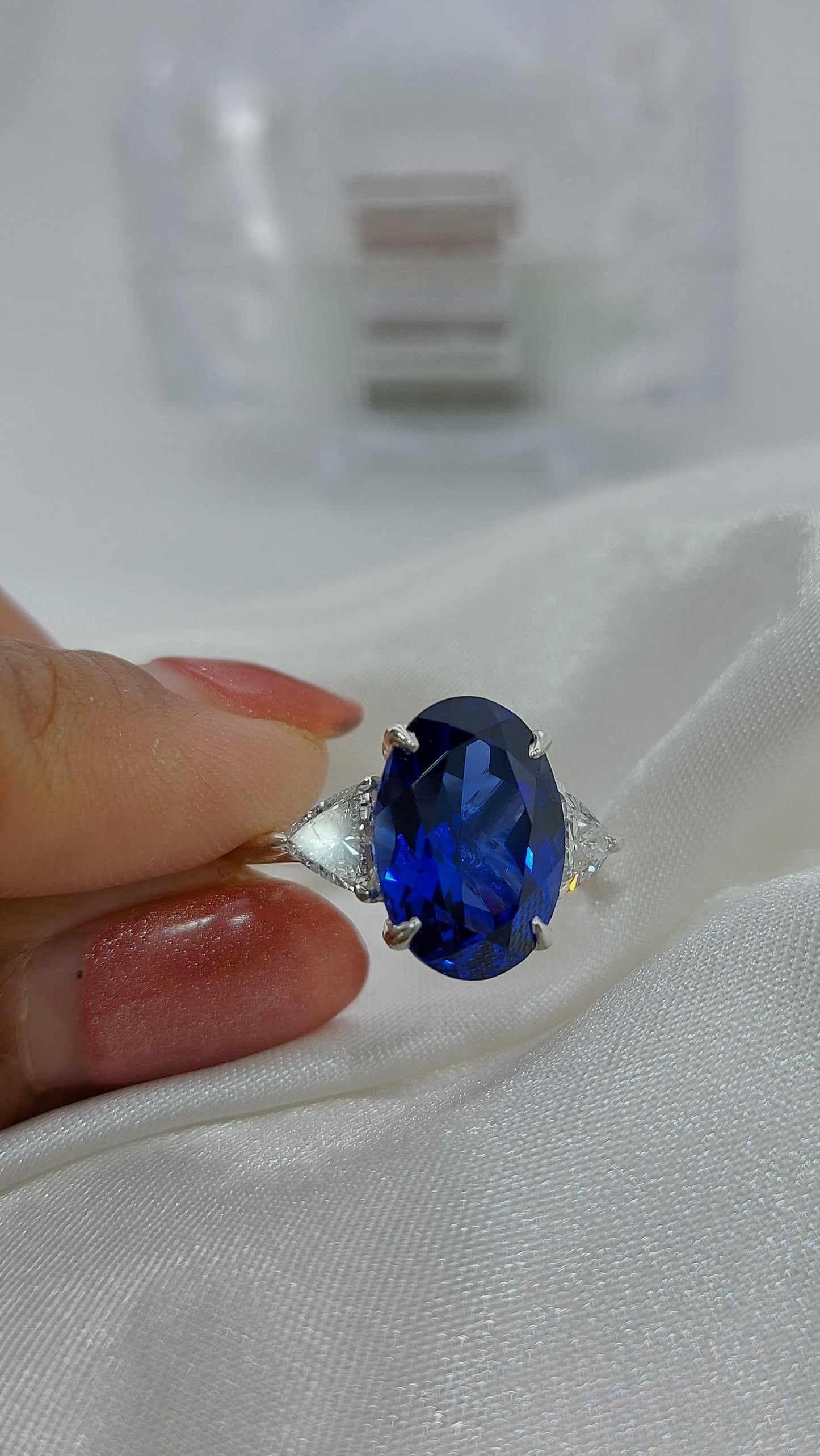Oval Blue Diamond, Sapphire Halo Engagement Ring Oval cut 1Ct Natural Sapphire engagement ring in 935 Argentium Silver — custom handcrafted by Forever For Love