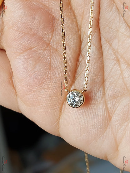 Runde Diamantkette, 14 Karat Gelbgold, zierlicher minimalistischer Diamantanhänger, echte Diamant-Lünetten-Halskette für Damen, Brautjungfern-Geschenk.