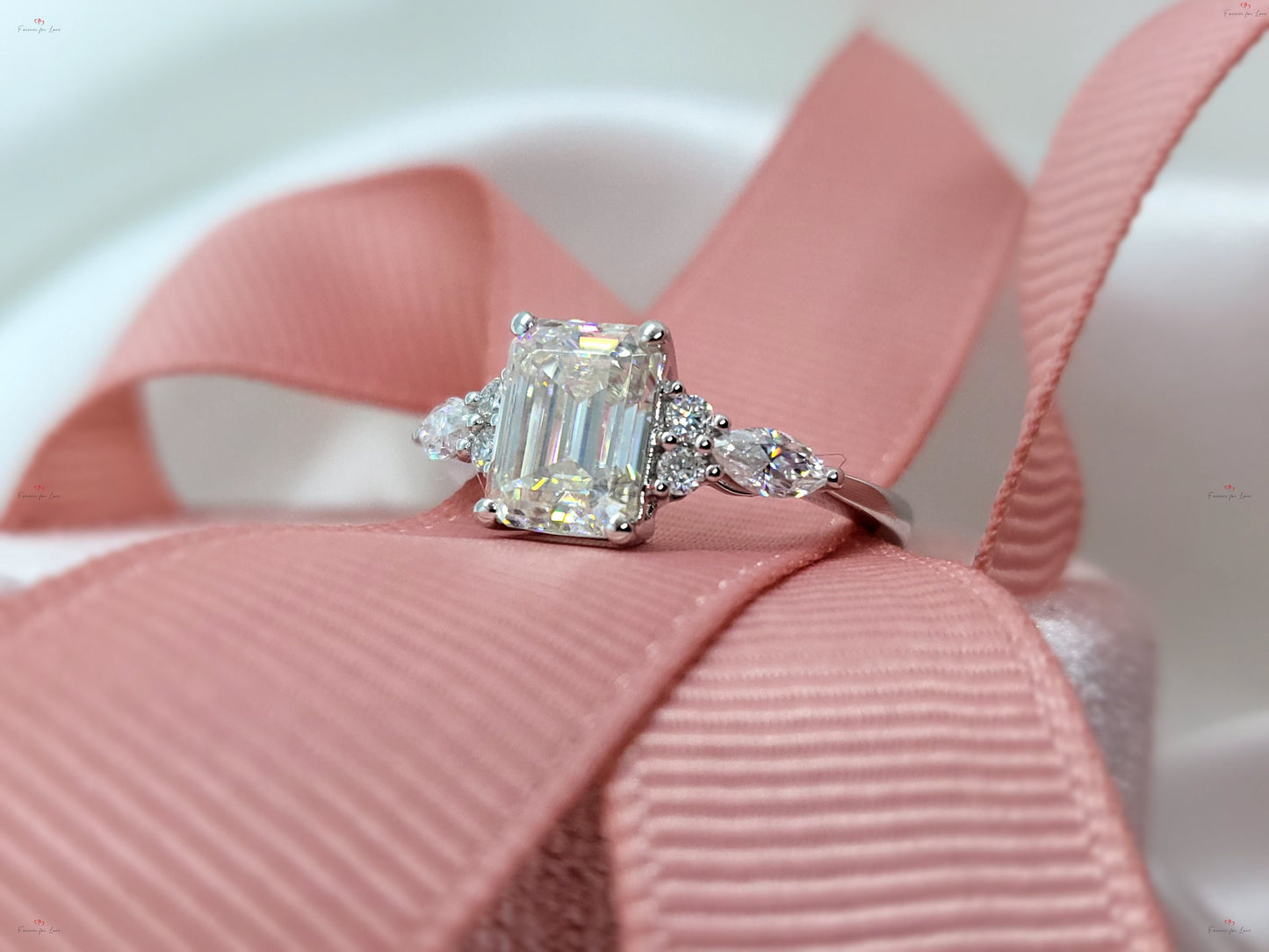 Vintage Emerald Cut Moissanite engagement ring unique Cluster gold engagement ring marquise diamond wedding Bridal art deco Anniversary. Marquise cut Moissanite engagement ring in Gold or Platinum — custom handcrafted by Forever For Love