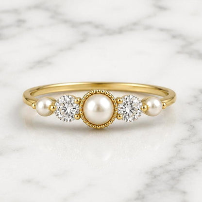 Dainty Fresh Pearl and Diamond Ring Wedding Band for Women Floating Stacking Ring / Lab Diamond Stackable Band Perfect gift for her.