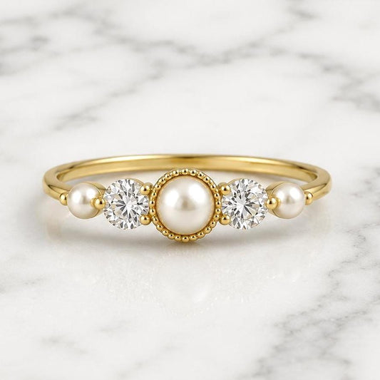 Dainty Fresh Pearl and Diamond Ring Wedding Band for Women Floating Stacking Ring / Lab Diamond Stackable Band Perfect gift for her.