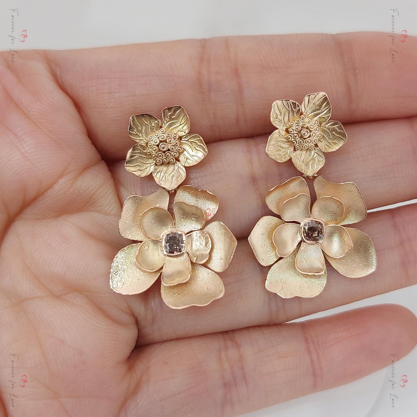 14k Gold Flower Drop, Solid Dangling Gold Earring with Flower Charms, Bubble Flower Earring Charm, Flower Earrings, Dangling diamond Moissanite engagement ring in Gold or Platinum — custom handcrafted by Forever For Love