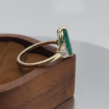 Pear Diamond, Emerald, Moonstone Engagement Ring
