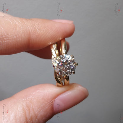Antique Round Diamond engagement ring, Lab Round Diamond cluster ring Yellow gold Diamond ring Round cut vintage Bridal set Anniversary gift