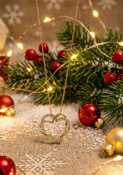Collier double cœur en diamant, or jaune 14 carats, pendentif cœur délicat et minimaliste, véritable collier diamant pour femme, cadeau pour elle.