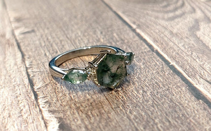 Hexagon Moissanite, Moss Agate Engagement Ring