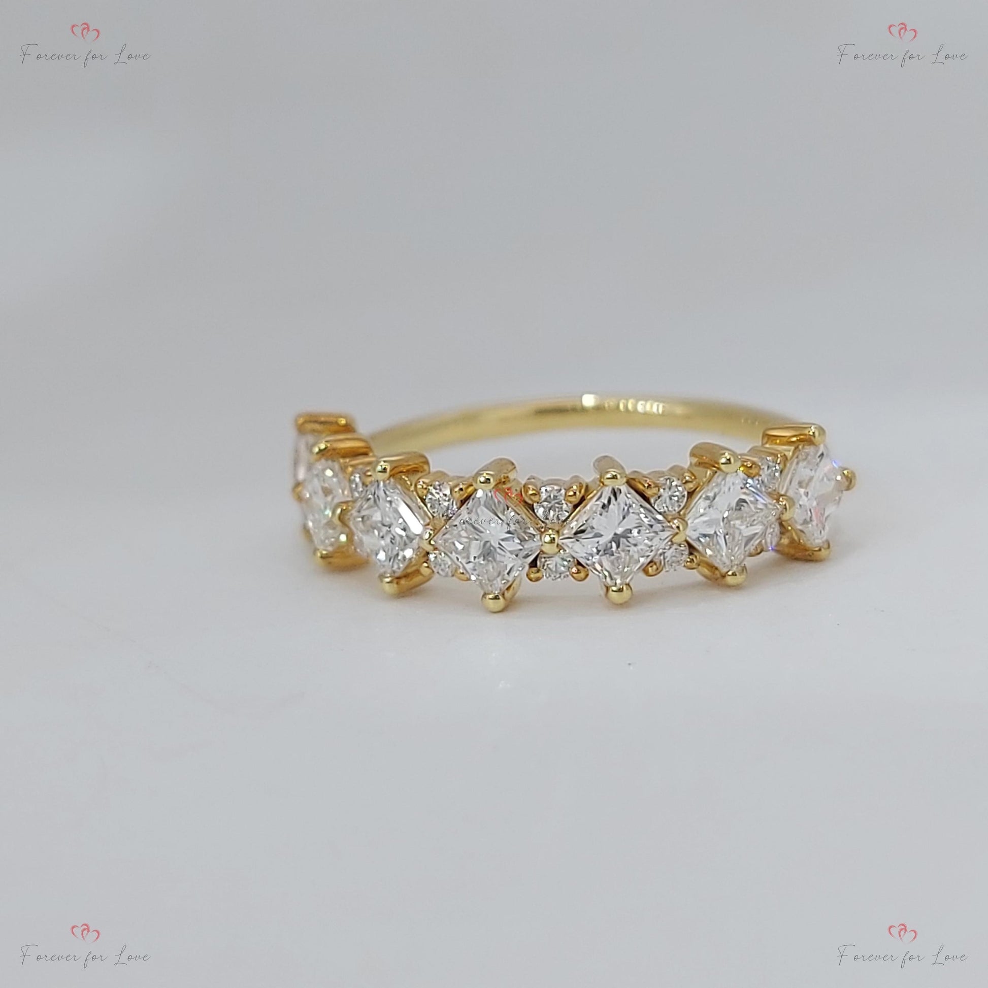 Princess Cut Diamond Half Eternity Ring 3mm 18k 14k natural Wedding Band Pave Setting. Yellow Rose White Gold Platinum certified.