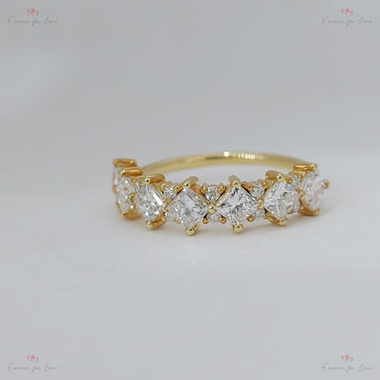 Princess Cut Diamond Half Eternity Ring 3mm 18k 14k natural Wedding Band Pave Setting. Yellow Rose White Gold Platinum certified.