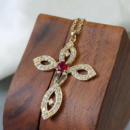 Verdrehte Gold Kreuzkette mit Rubin Diamant für Frauen, Diamant Kreuzanhänger, Christlicher Glaubensanhänger, Kreuzgeschenk für Frauen