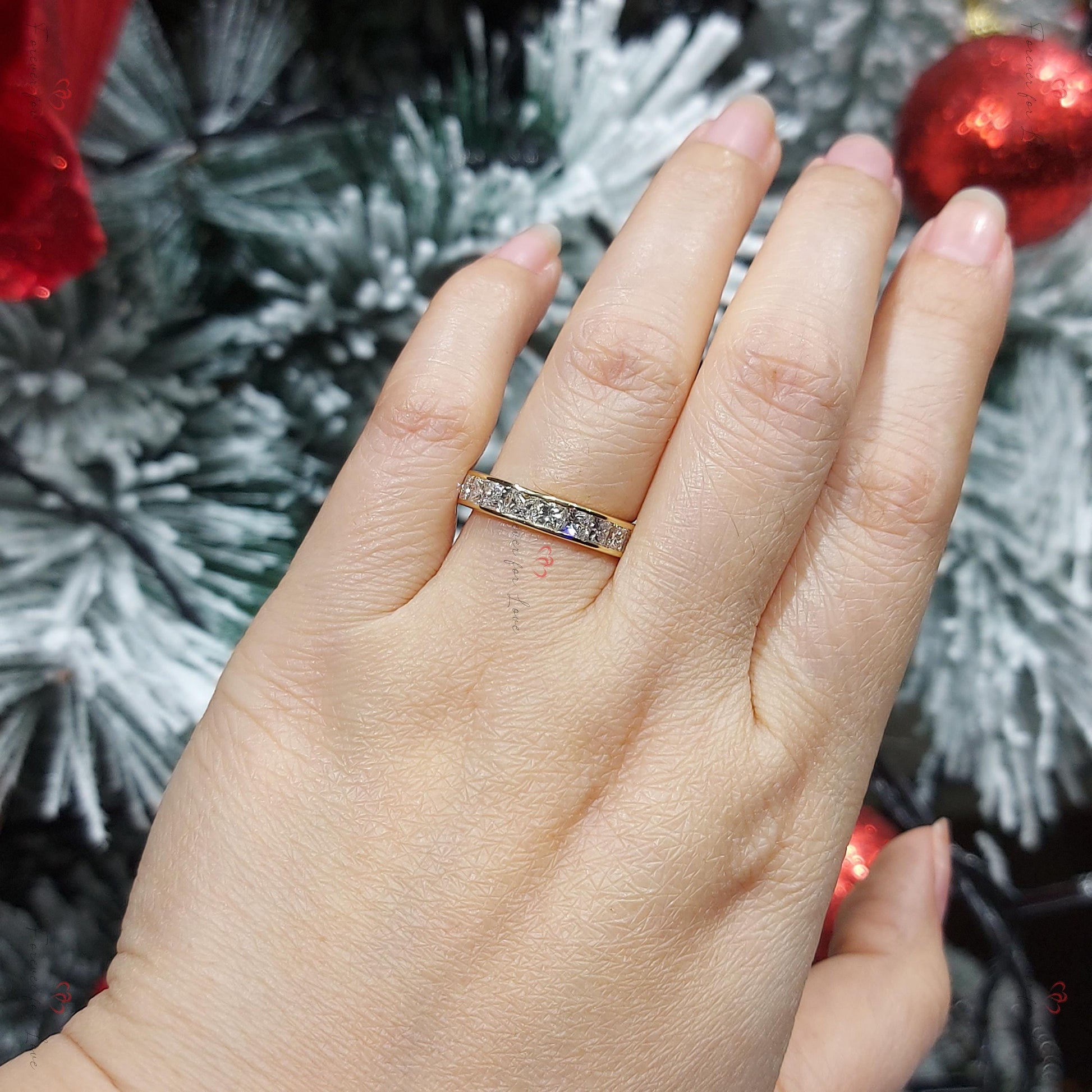 Princess Cut Diamond Half Eternity Ring 2.1 mm 18k 14k natural Wedding Band Channel Setting. Yellow Rose White Gold Platinum certified.