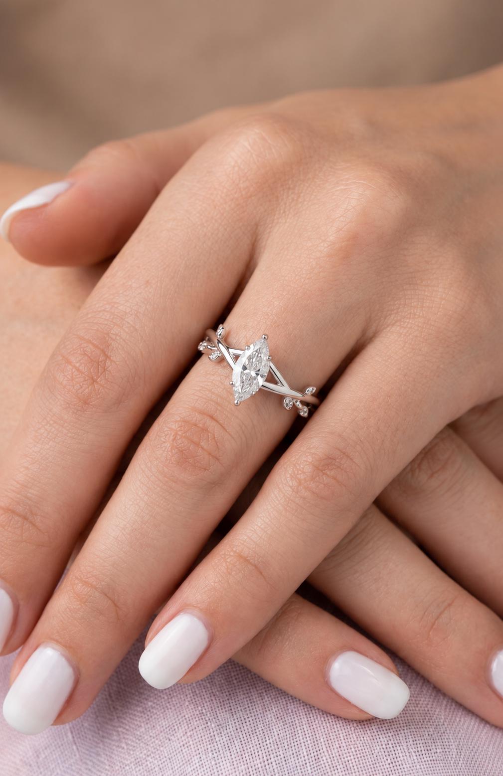 Nature inspired Marquise Diamond Engagement Ring Lab Grown Diamond With Round side stones Six Claw Prong Setting Ring Gift