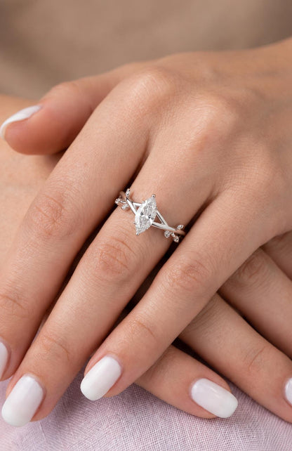 Nature inspired Marquise Diamond Engagement Ring Lab Grown Diamond With Round side stones Six Claw Prong Setting Ring Gift