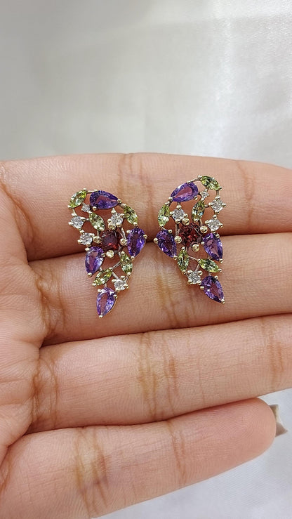 Pink sapphire and diamond stud earrings for mom, mothers day gift. Nature inspired gift for mom. One of a kind earring