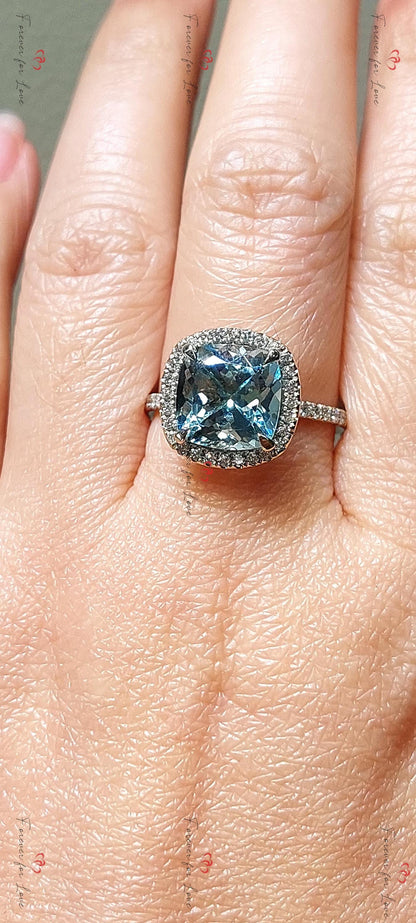 Cushion Diamond, Aquamarine Engagement Ring
